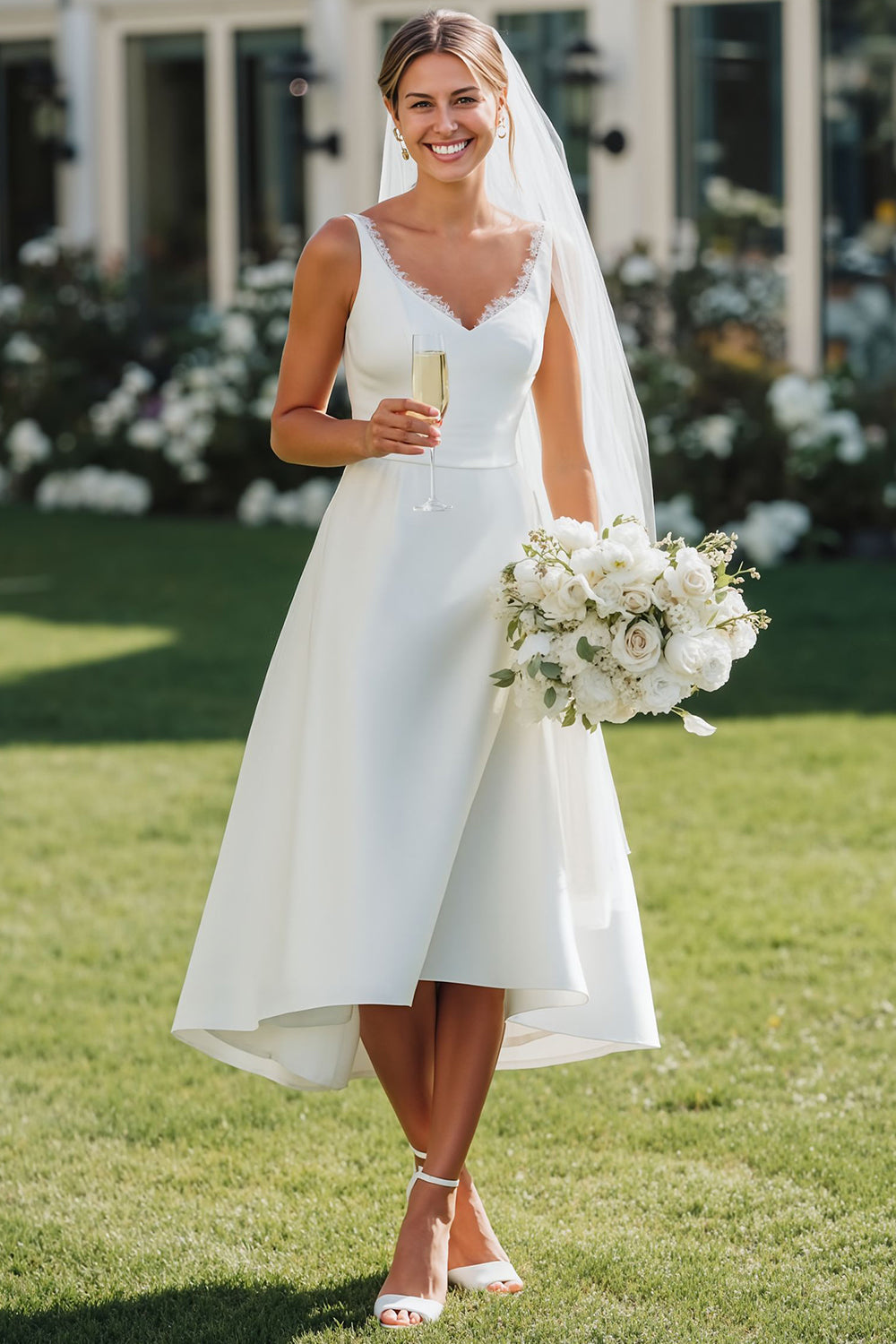 White V-Neck Lace A-Line Midi Satin Wedding Dress