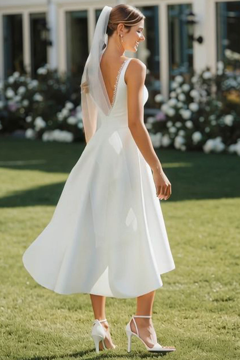 White V-Neck Lace A-Line Midi Satin Wedding Dress