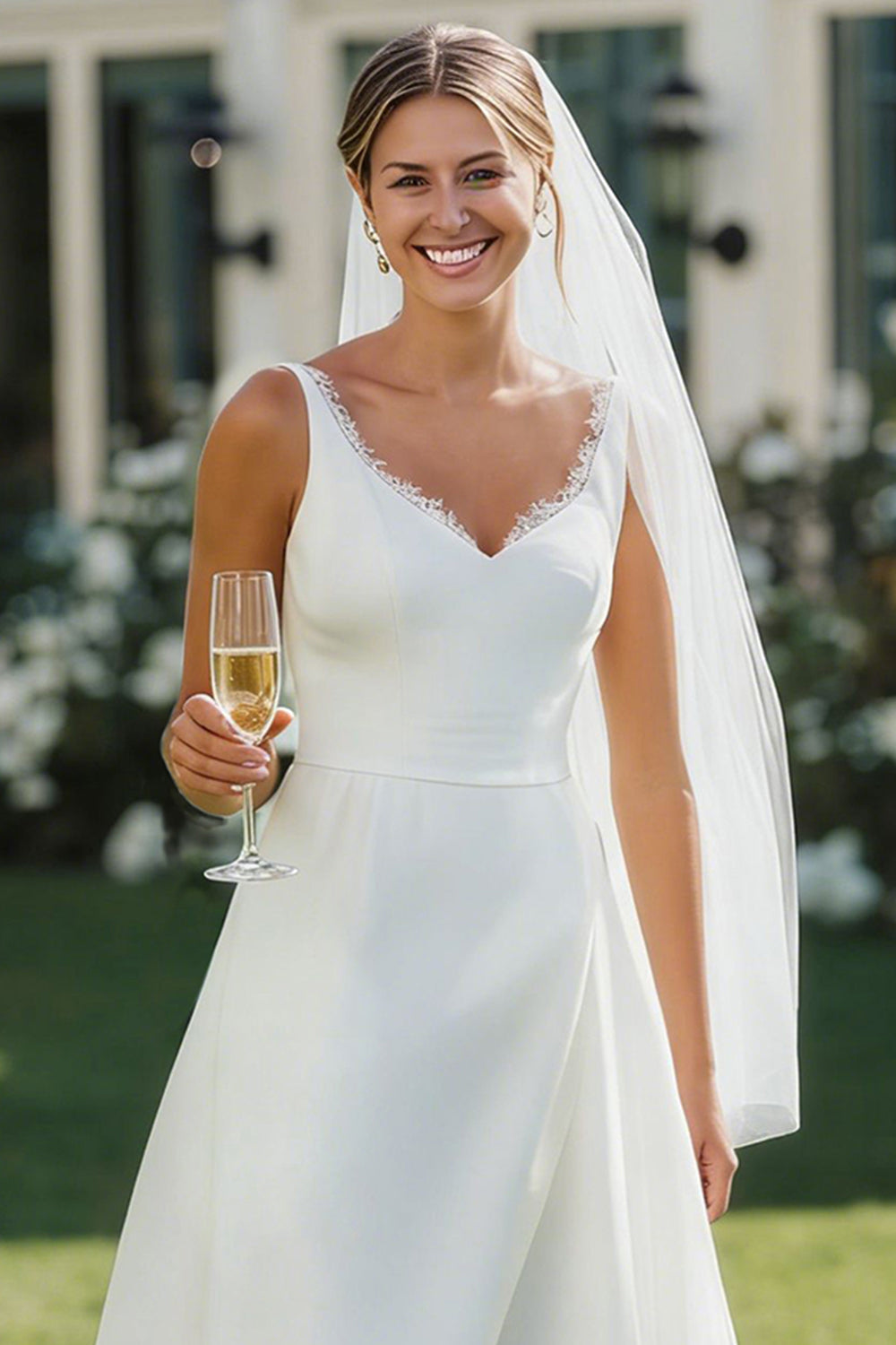 White V-Neck Lace A-Line Midi Satin Wedding Dress