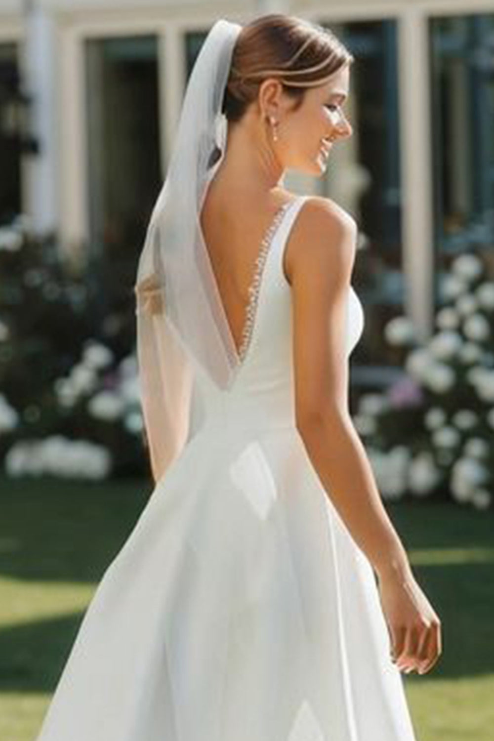 White V-Neck Lace A-Line Midi Satin Wedding Dress