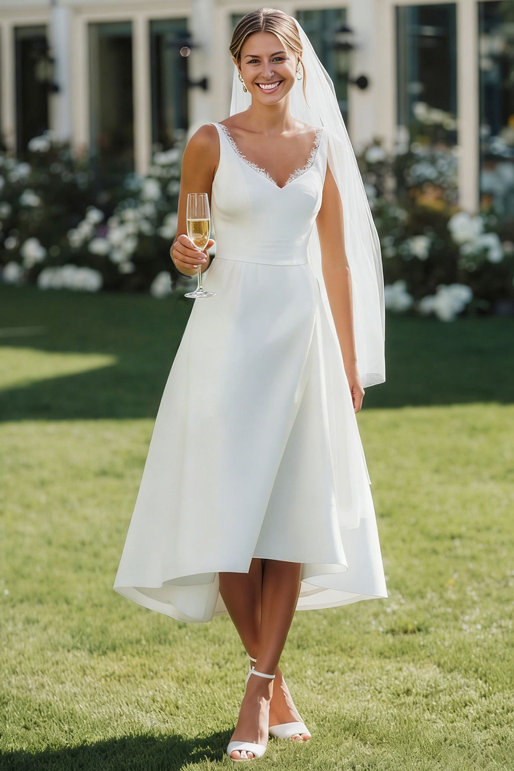 White V-Neck Lace A-Line Midi Satin Wedding Dress