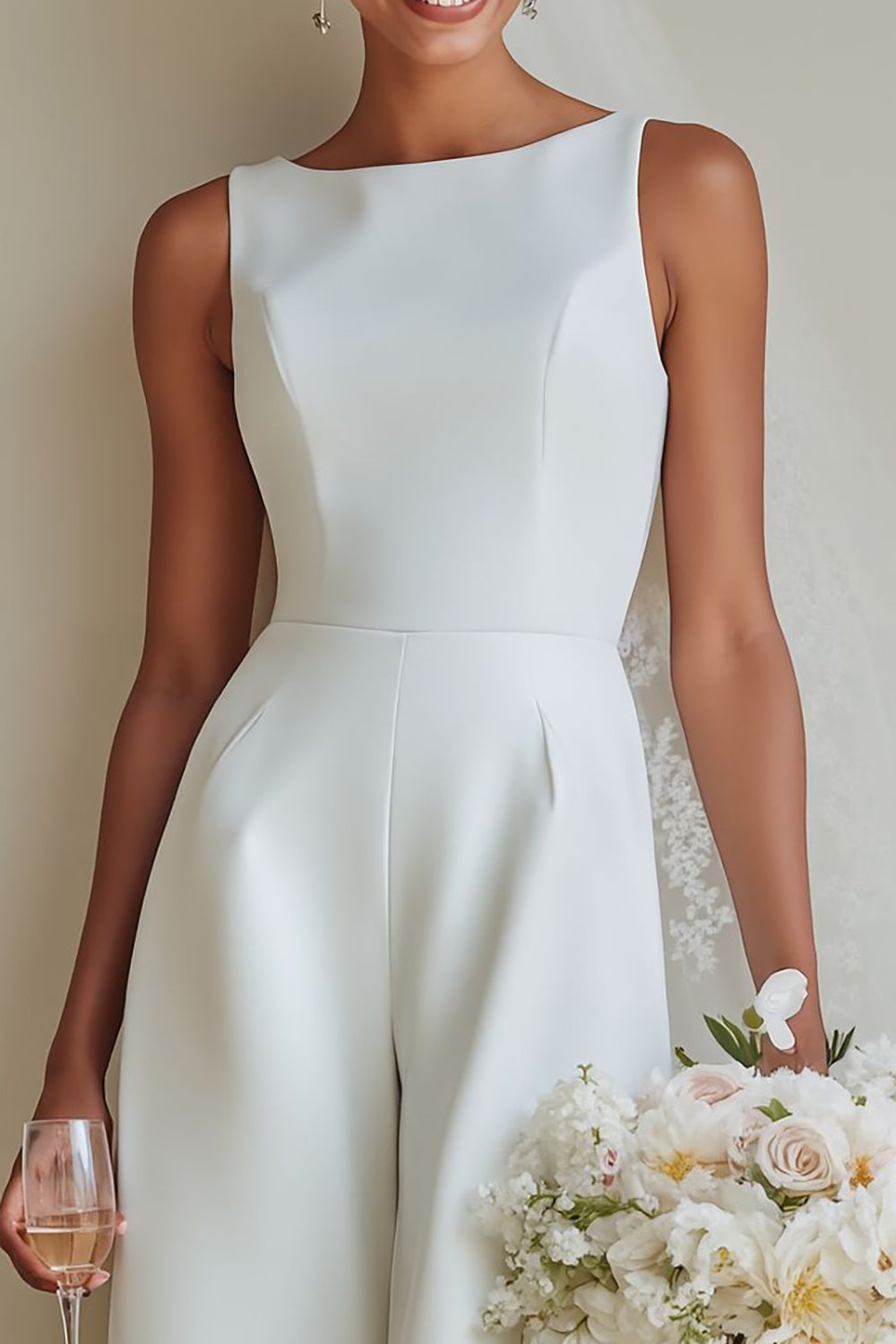 Robes de mariée longues trapèze en satin blanc à col bateau
