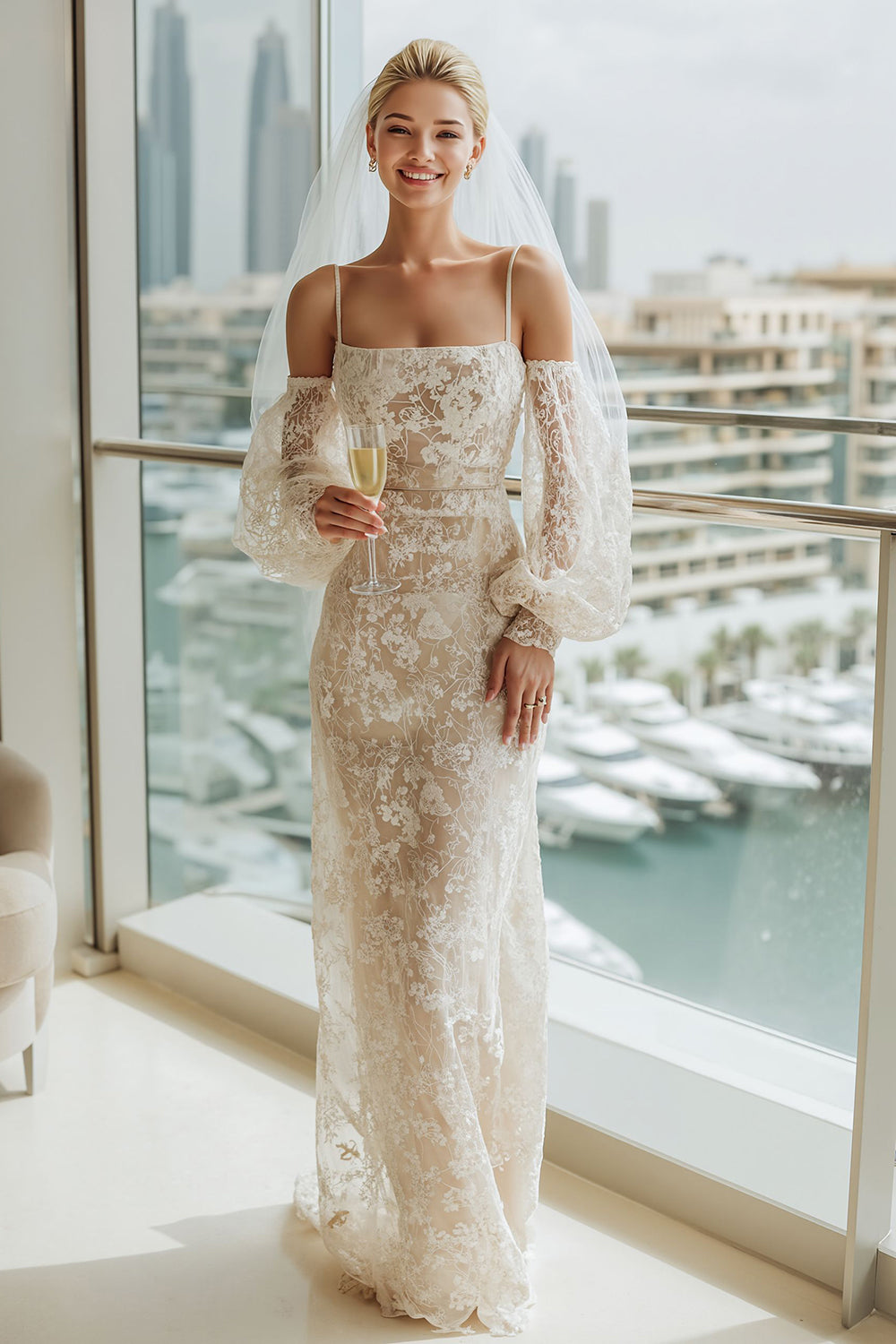 Robe de mariée longue fourreau en dentelle abricot à épaules dénudées avec manches