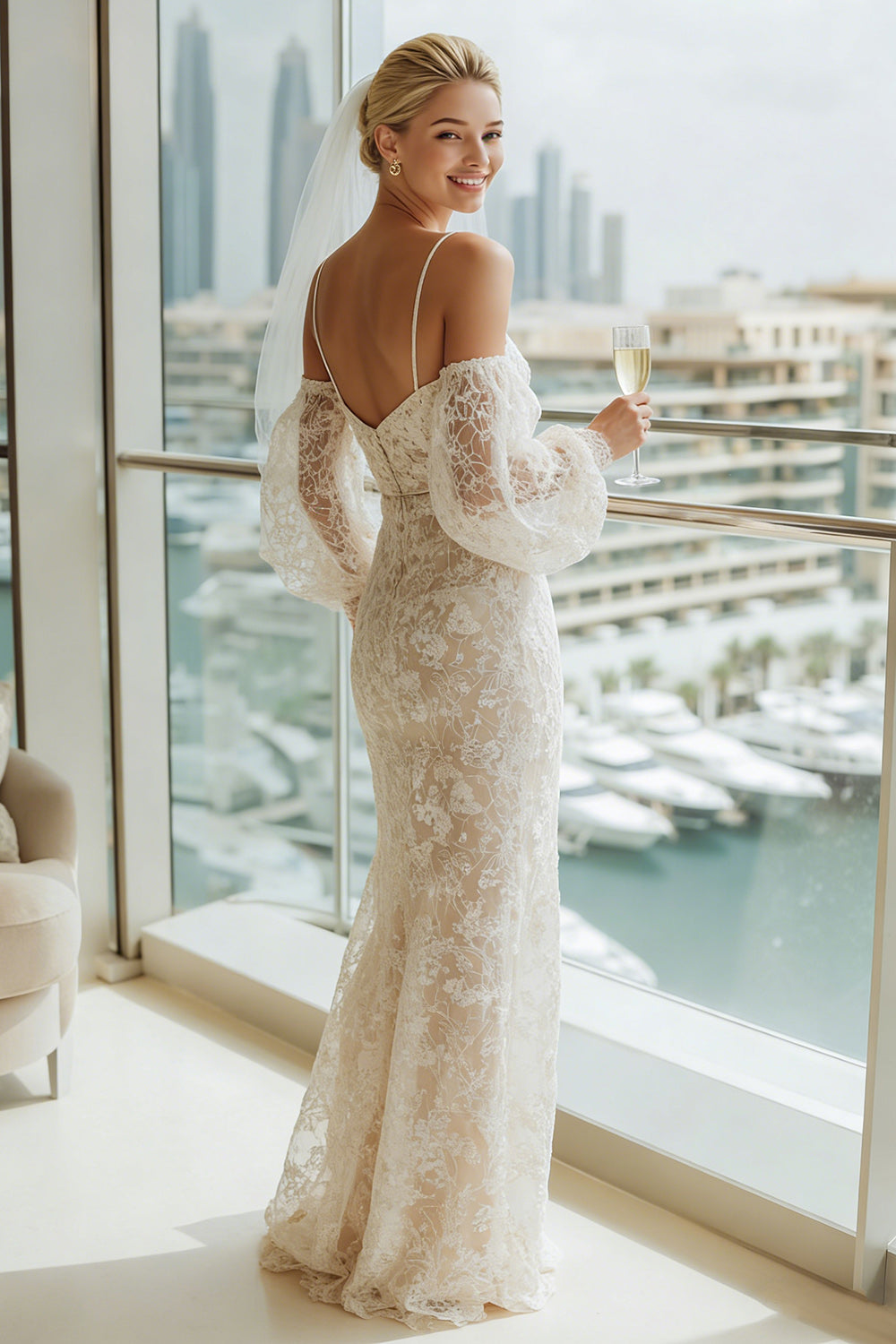 Robe de mariée longue fourreau en dentelle abricot à épaules dénudées avec manches