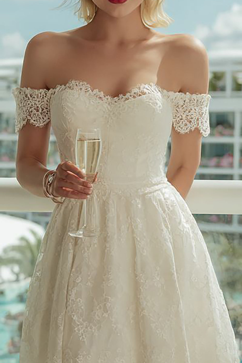 Ivory Off-the-Shoulder Lace A-Line Midi Wedding Dress
