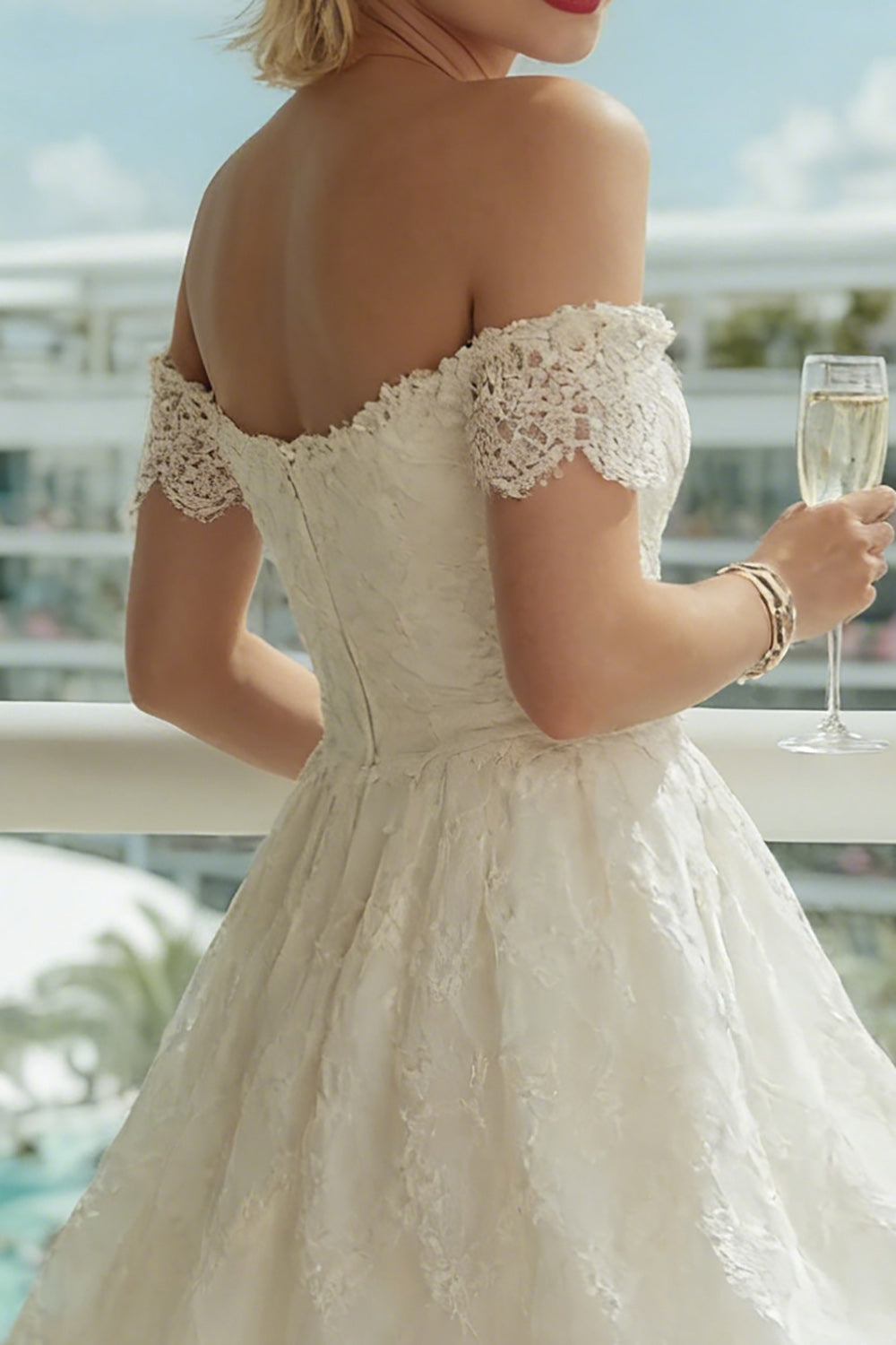 Ivory Off-the-Shoulder Lace A-Line Midi Wedding Dress