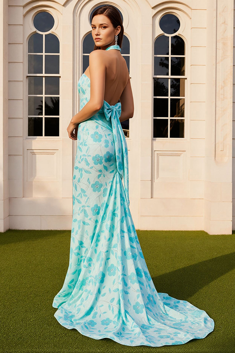 Green Mermaid Halter Printed Long Prom Dress with Bow