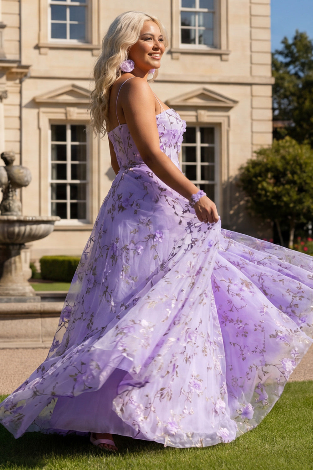 Lilac Floral A-Line Spaghetti Straps Long Prom Dress with 3D Flowers