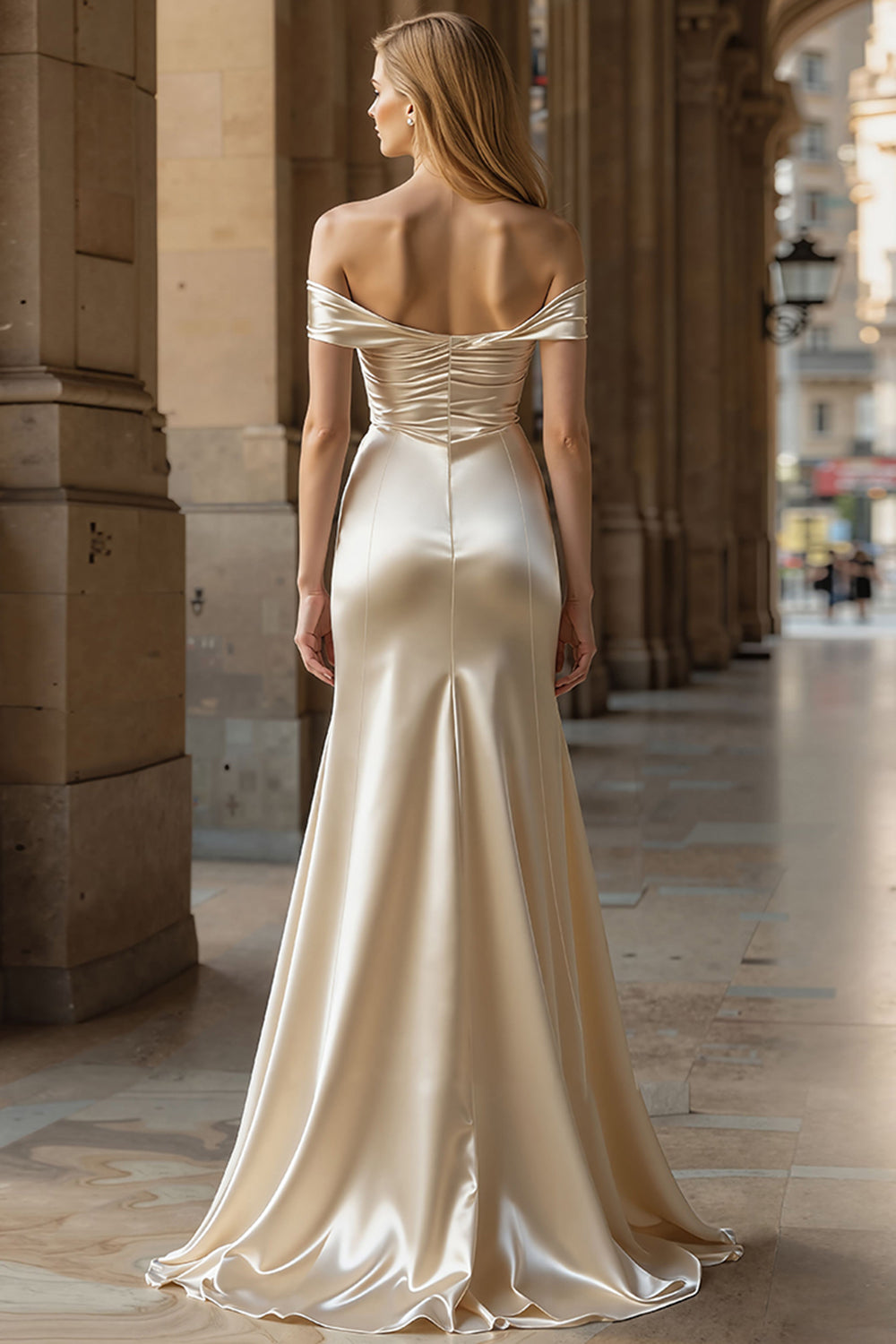 Off-the-Shoulder Champagne Mermaid Long Satin Prom Dress with Slit