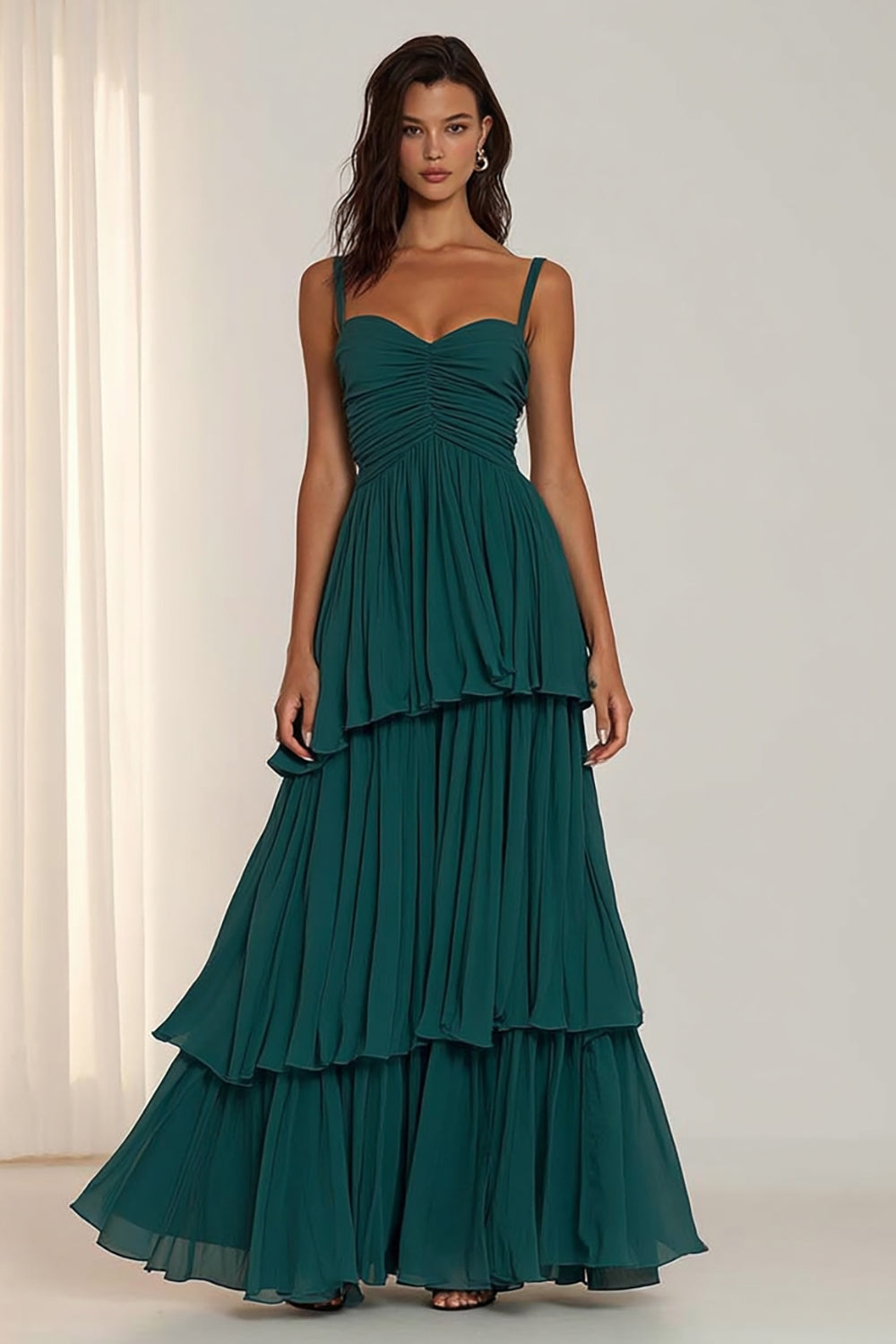 Dark Green Spaghetti Straps Ruffled A-Line Long Bridesmaid Dress