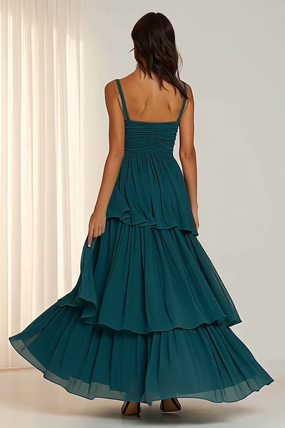 Dark Green Spaghetti Straps Ruffled A-Line Long Bridesmaid Dress