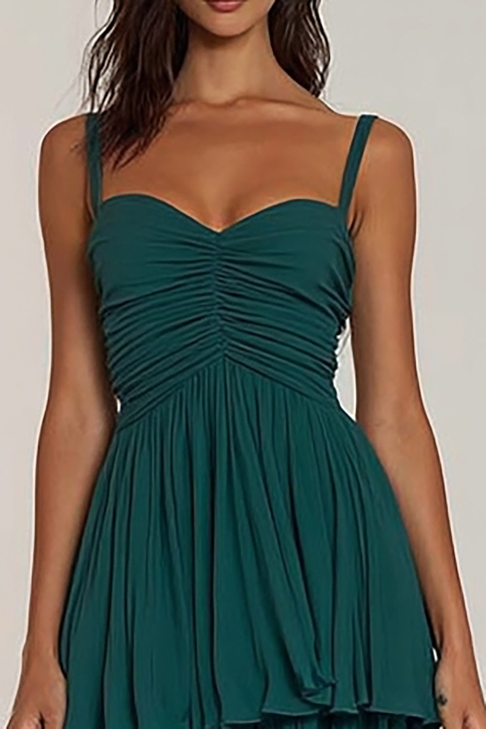 Dark Green Spaghetti Straps Ruffled A-Line Long Bridesmaid Dress