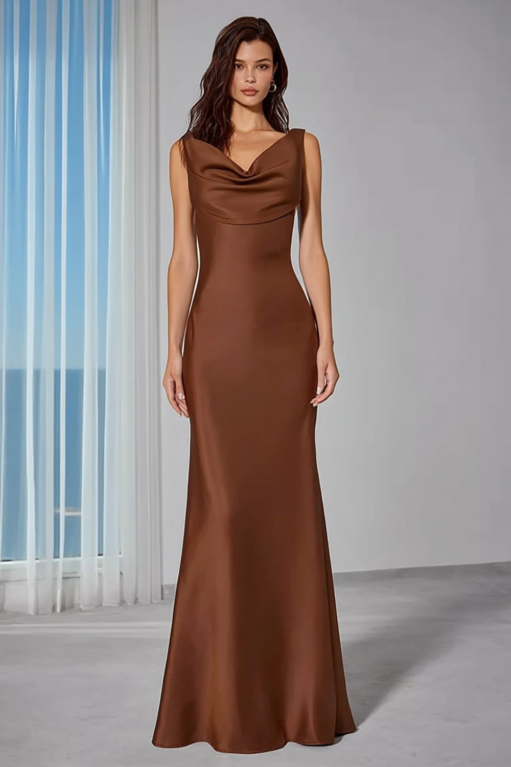 Brown Satin Cowl Neck Mermaid Long Bridesmaid Dress