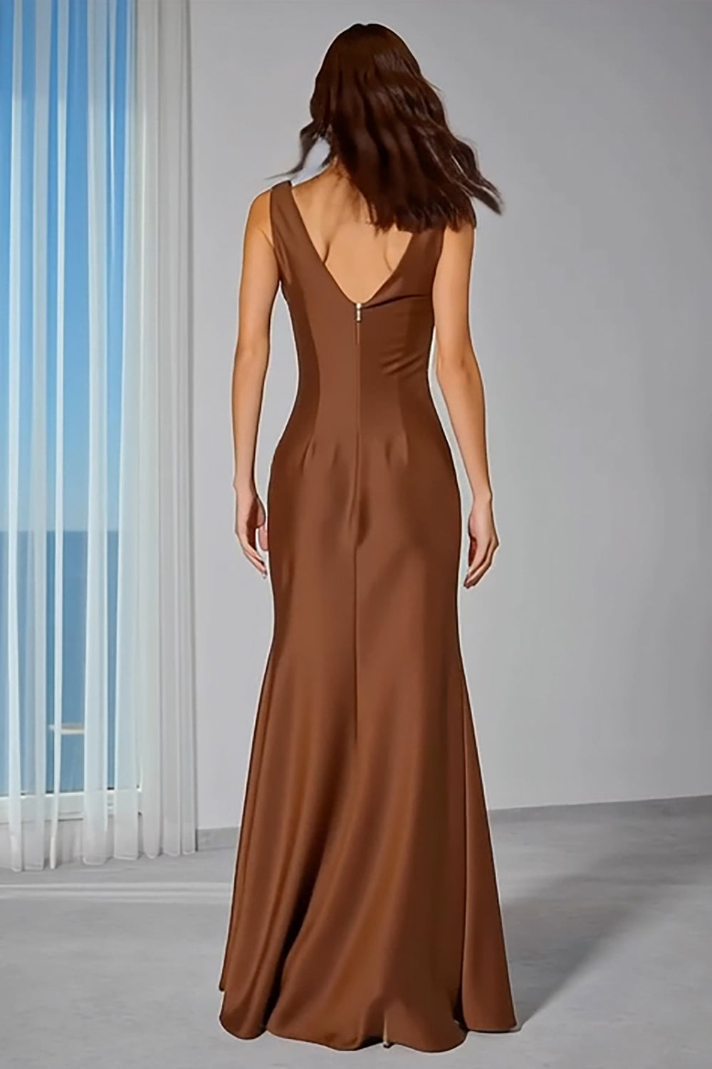Brown Satin Cowl Neck Mermaid Long Bridesmaid Dress