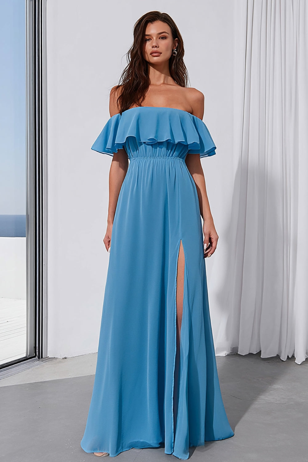 Blue Off the Shoulder Ruffled A line Long Bridesmaid Dress with Slit
