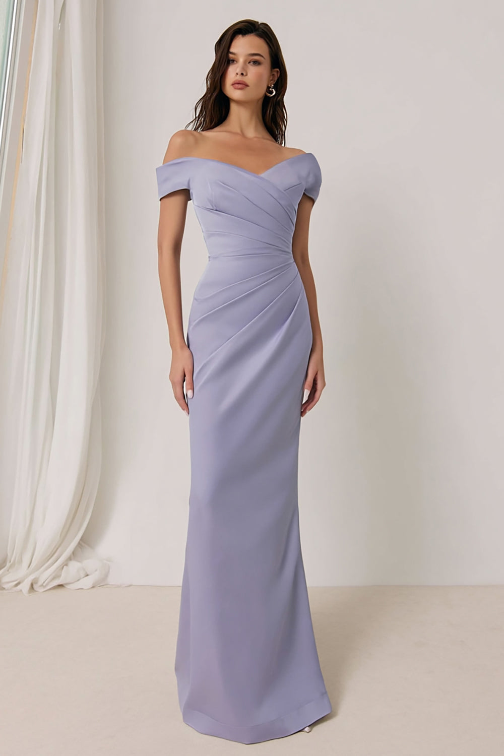Lilac Off the Shoulder Ruched Sheath Long Bridesmaid Dress