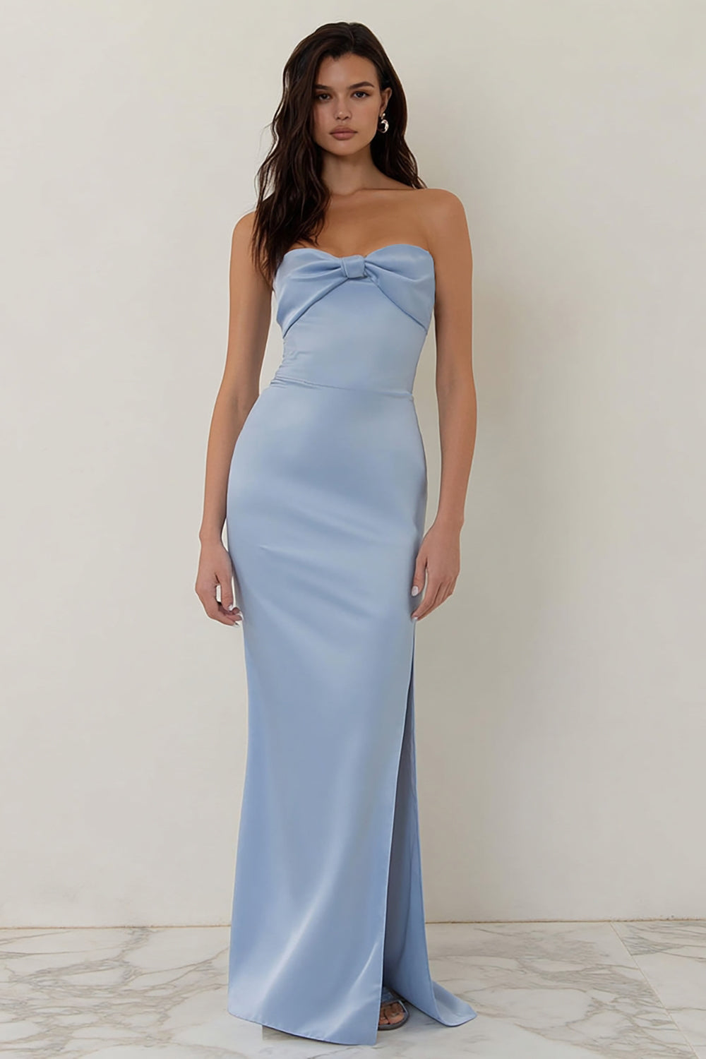 Sky Blue Strapless Sheath Long Bridesmaid Dress with Slit