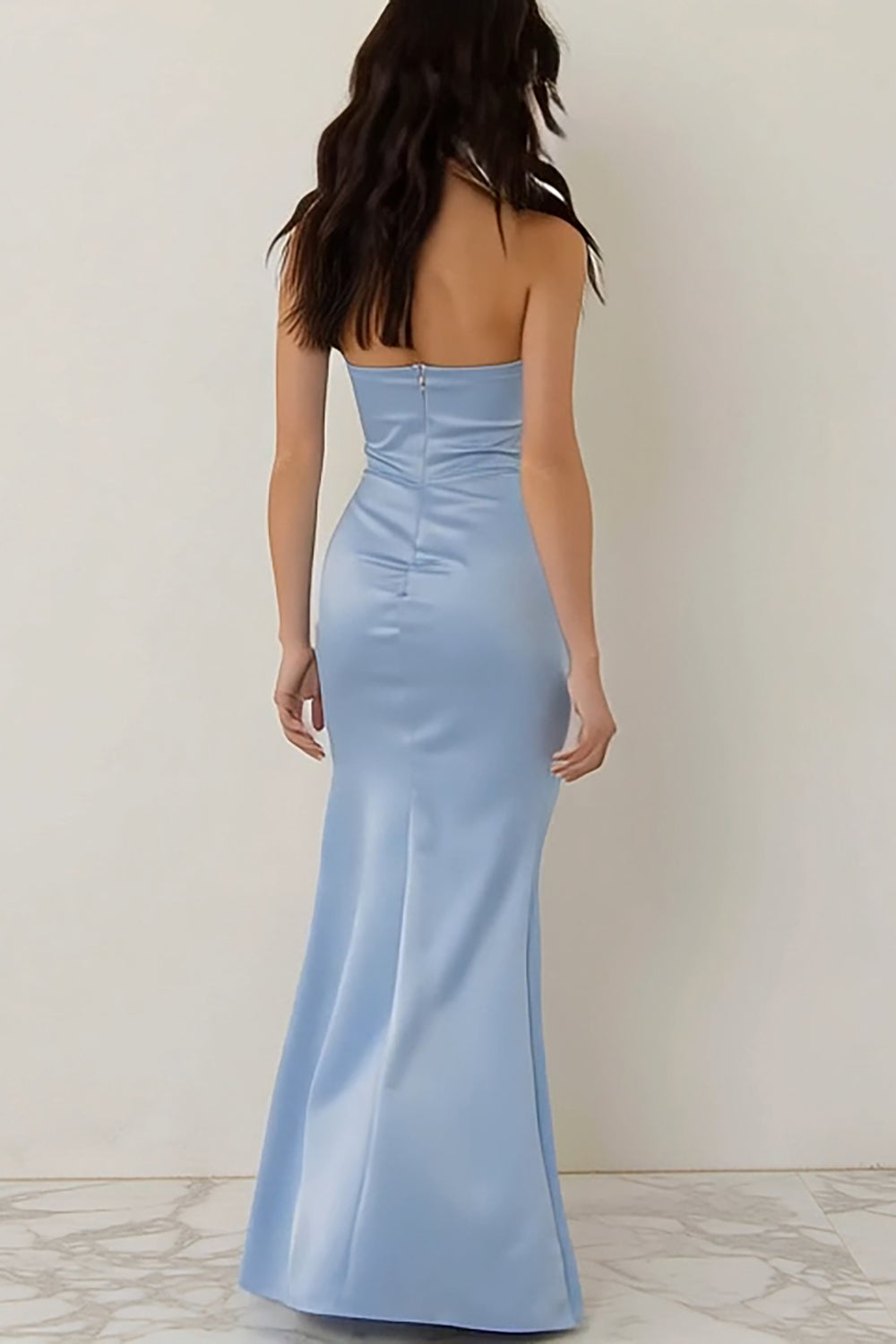 Sky Blue Strapless Sheath Long Bridesmaid Dress with Slit
