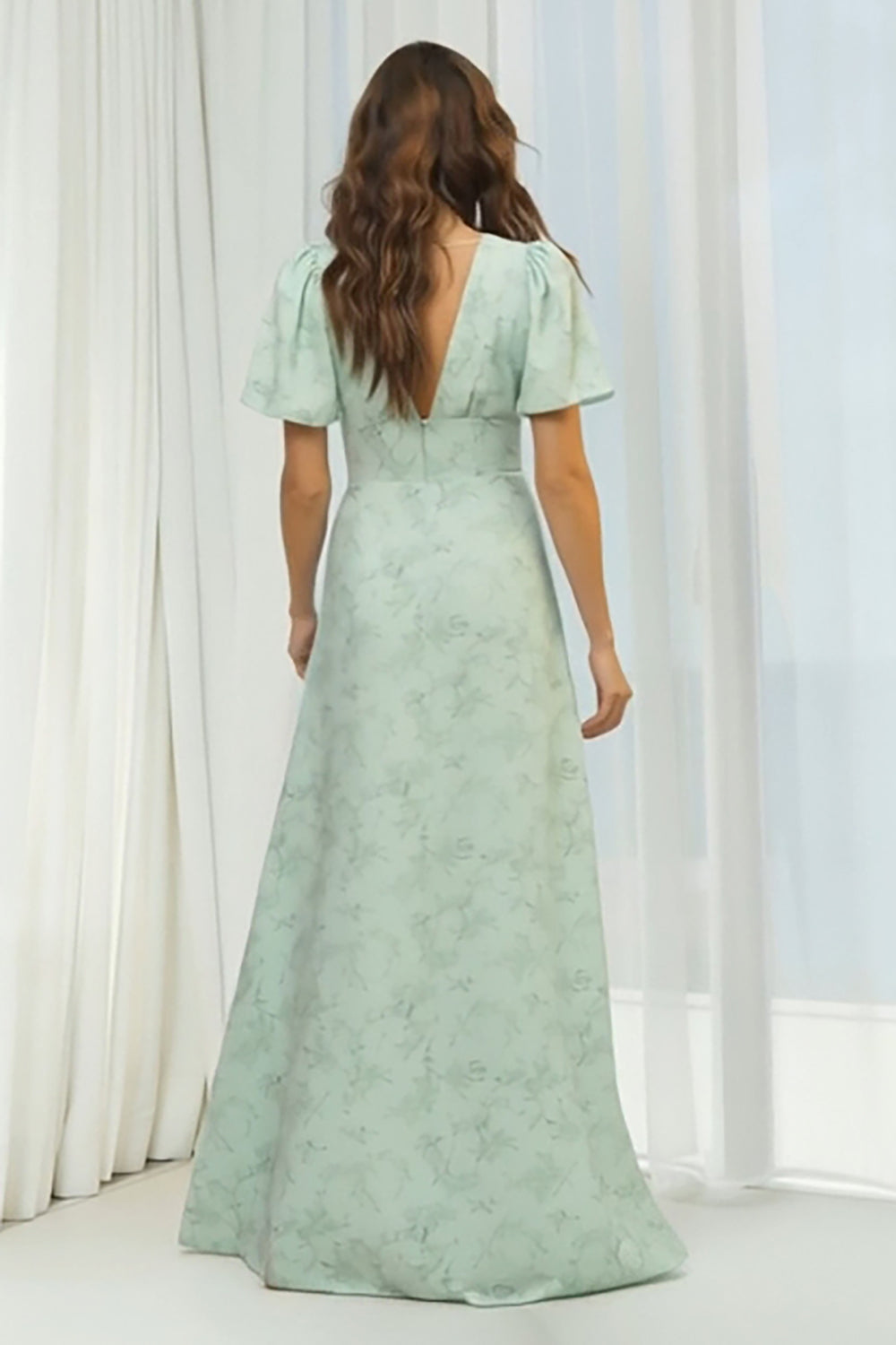 Dusty Sage Floral V-Neck A-Line Long Bridesmaid Dress with Short Sleeves