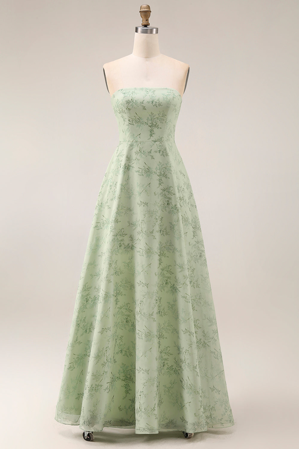 Dusty Sage Floral Strapless A Line Long Bridesmaid Dress