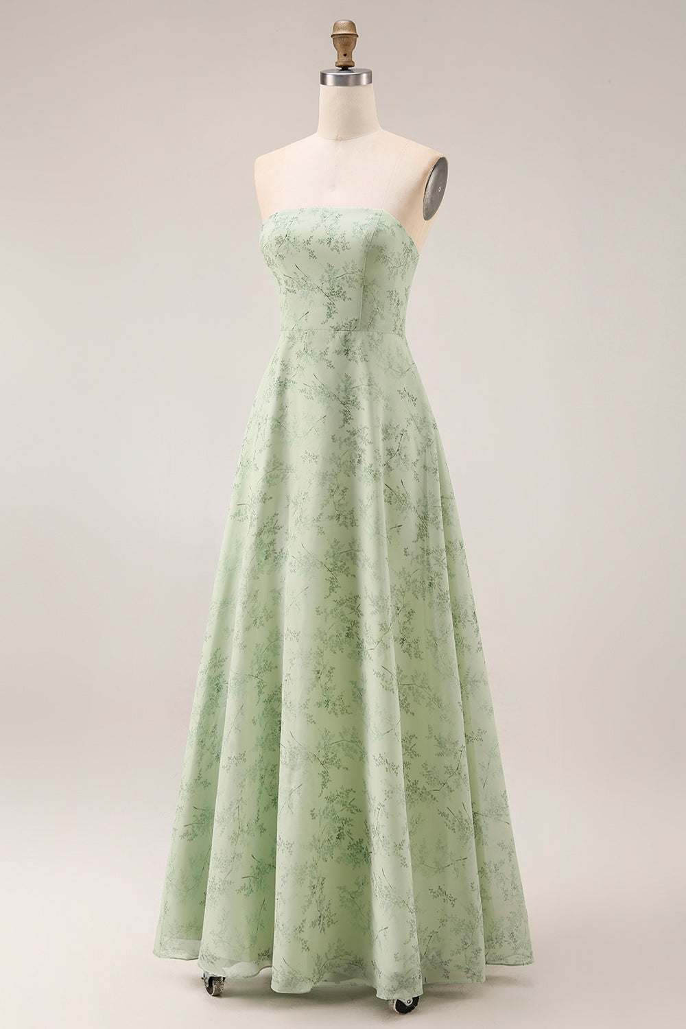 Dusty Sage Floral Strapless A Line Long Bridesmaid Dress