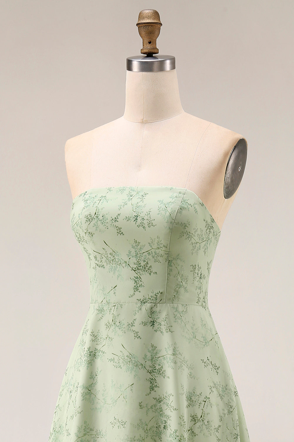 Dusty Sage Floral Strapless A Line Long Bridesmaid Dress