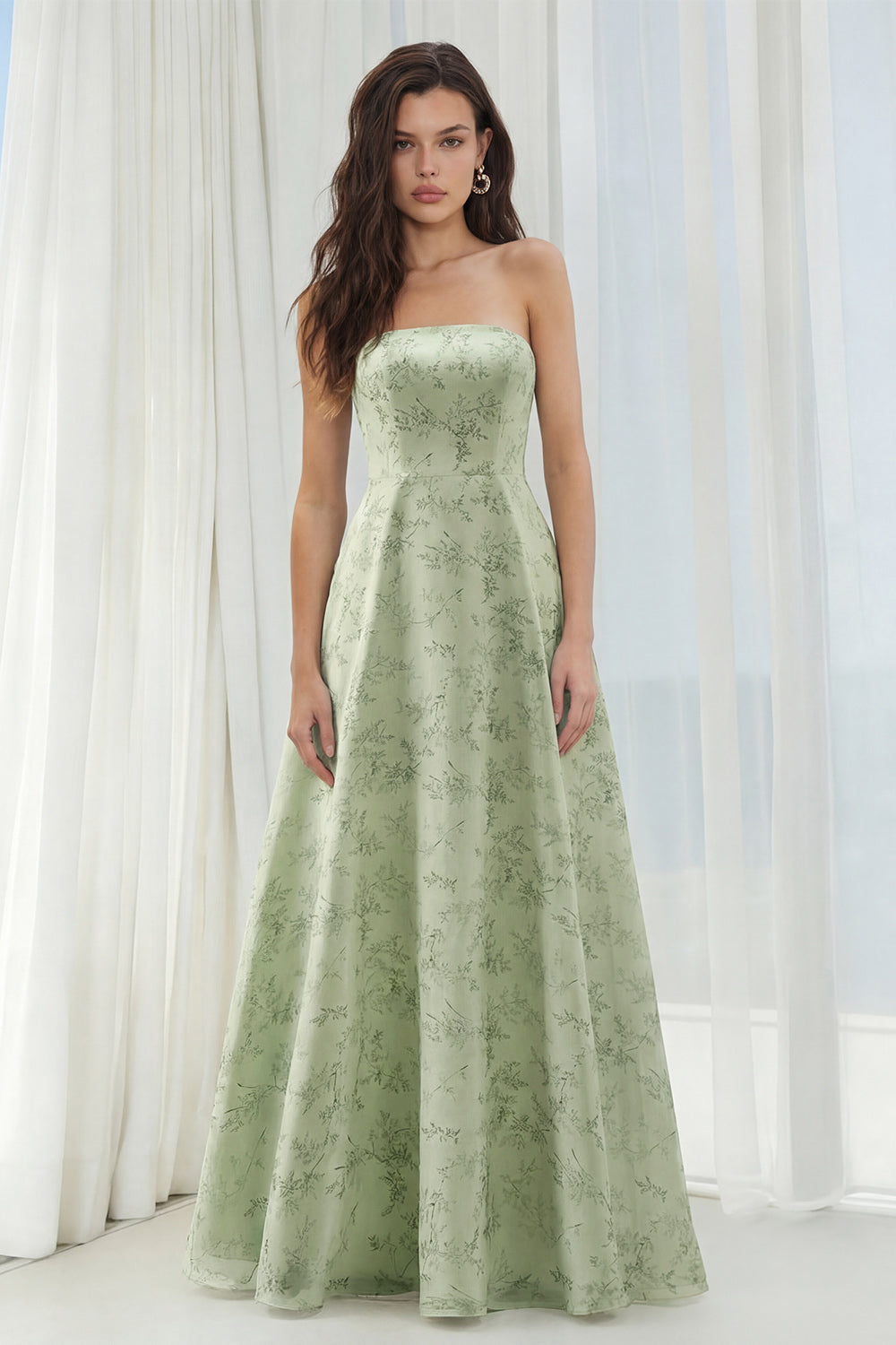 Dusty Sage Floral Strapless A Line Long Bridesmaid Dress