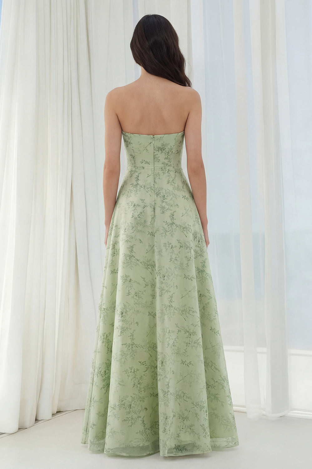 Dusty Sage Floral Strapless A Line Long Bridesmaid Dress