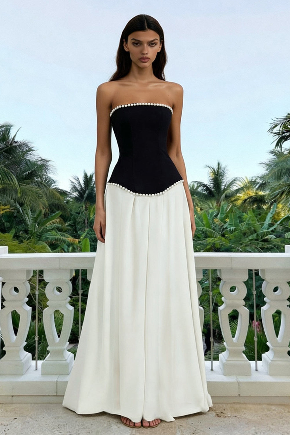 Strapless Black and White A-Line Formal Dress with Pearls