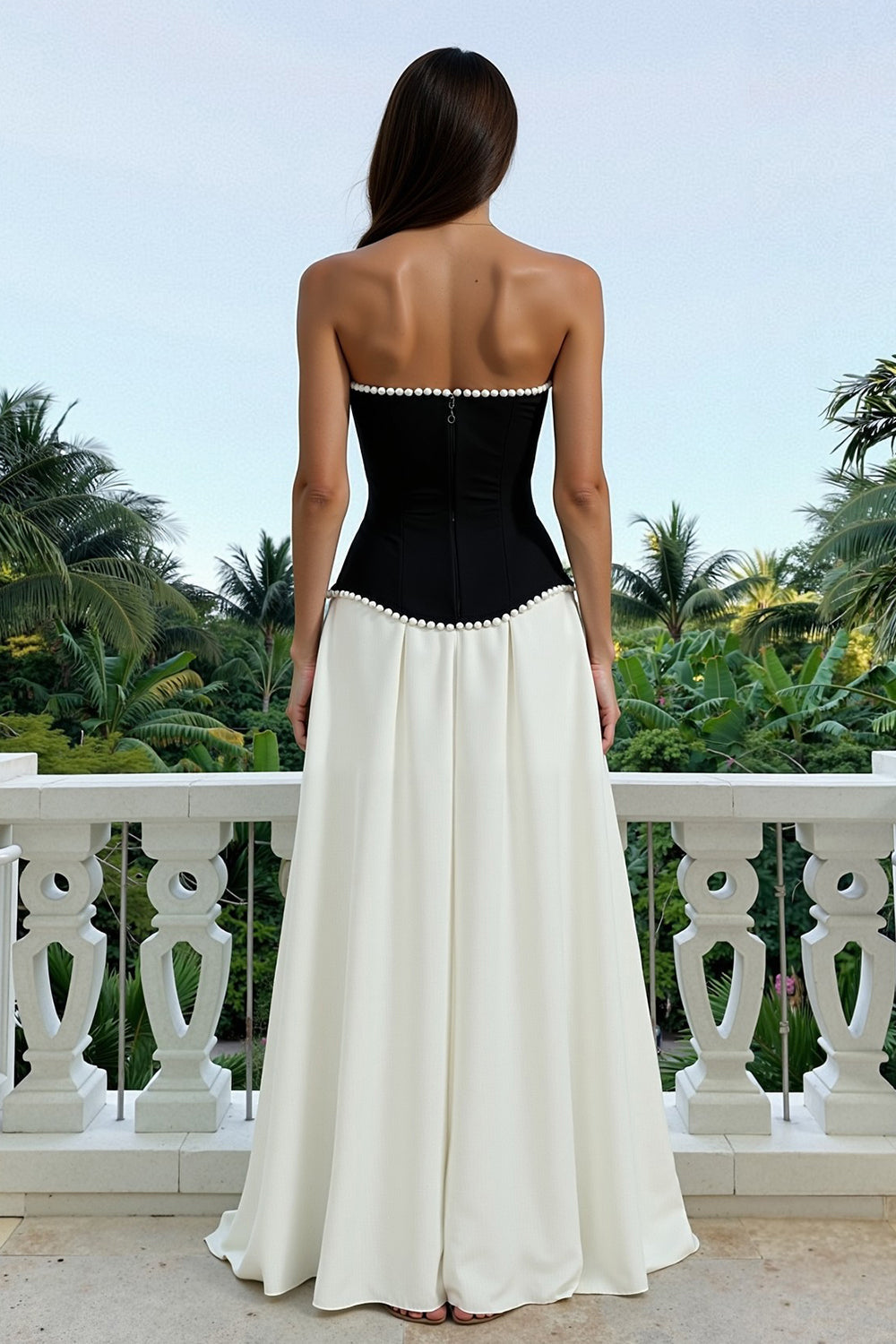 Strapless Black and White A-Line Formal Dress with Pearls