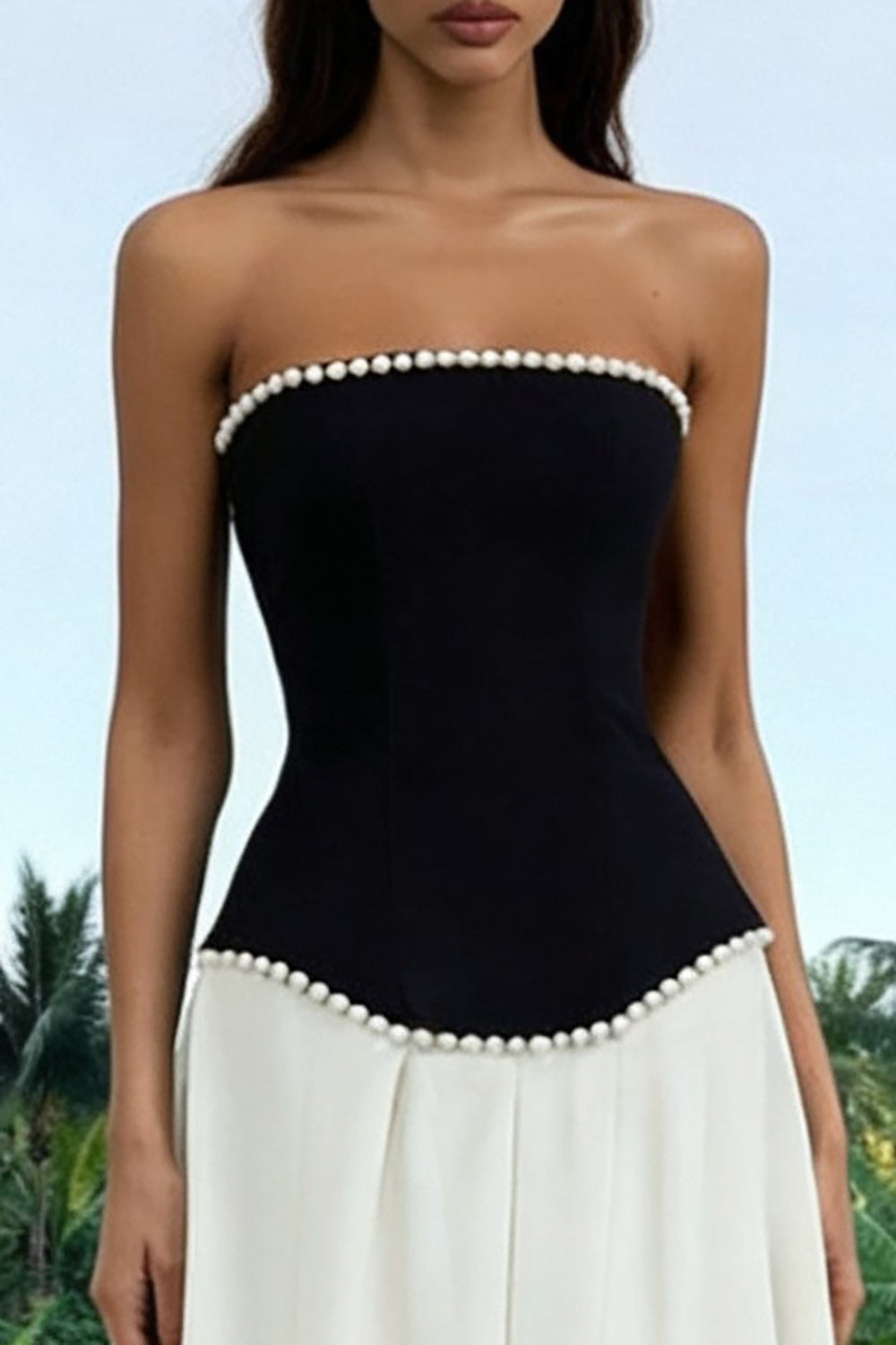 Strapless Black and White A-Line Formal Dress with Pearls