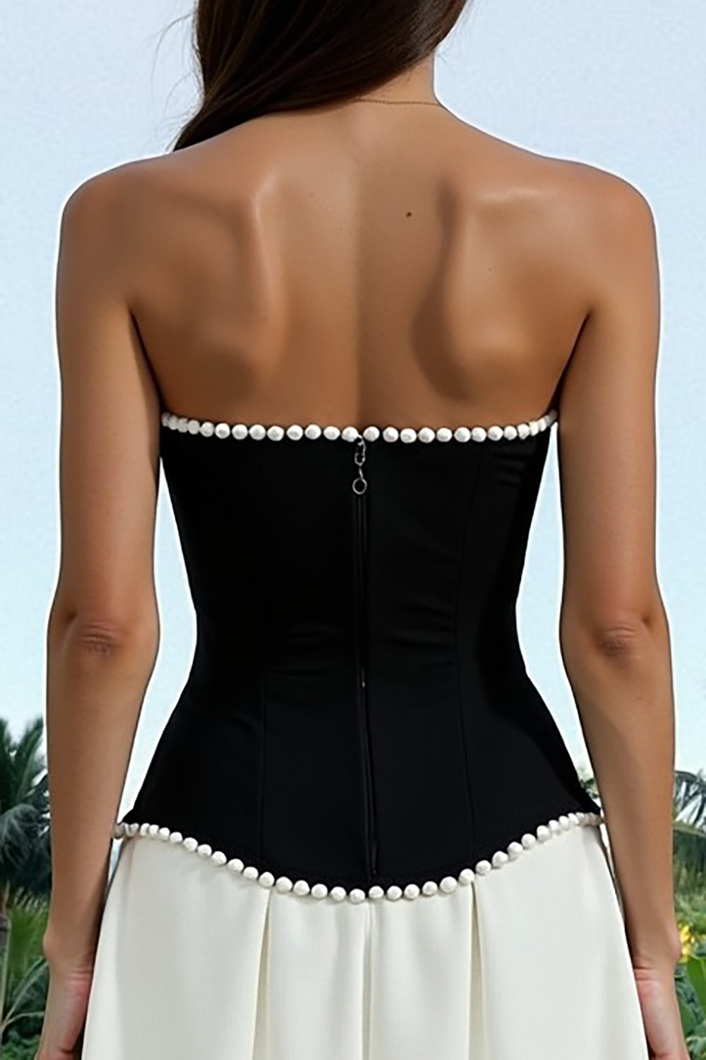 Strapless Black and White A-Line Formal Dress with Pearls
