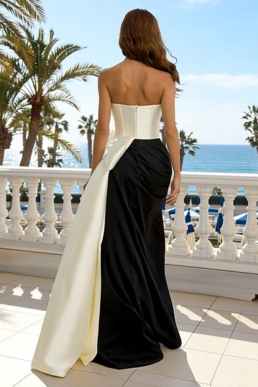 Strapless Black and White Formal Dress with Bow