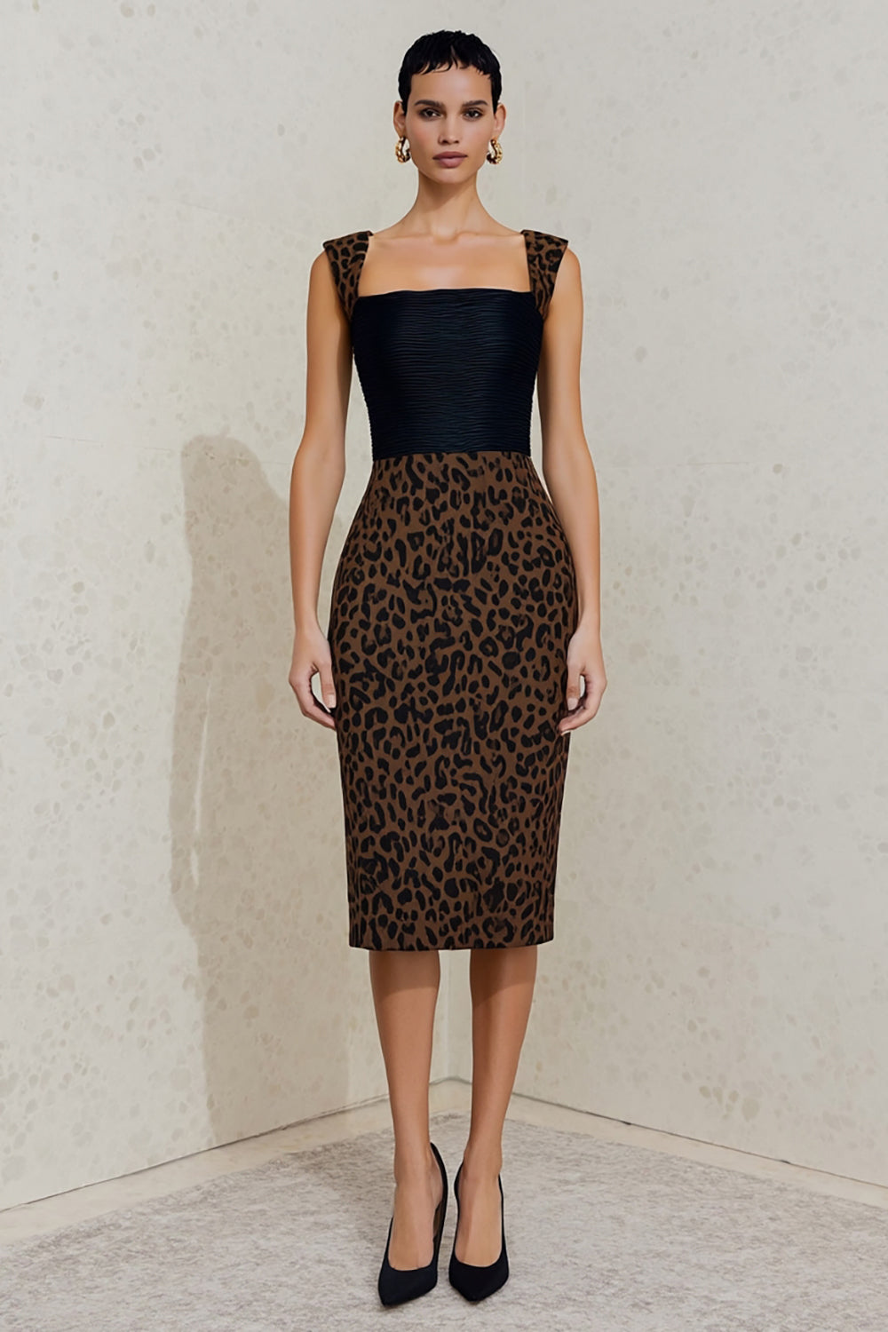 Funda Cuello Cuadrado Negro y Marrón Vestido de Trabajo Midi Leopardo