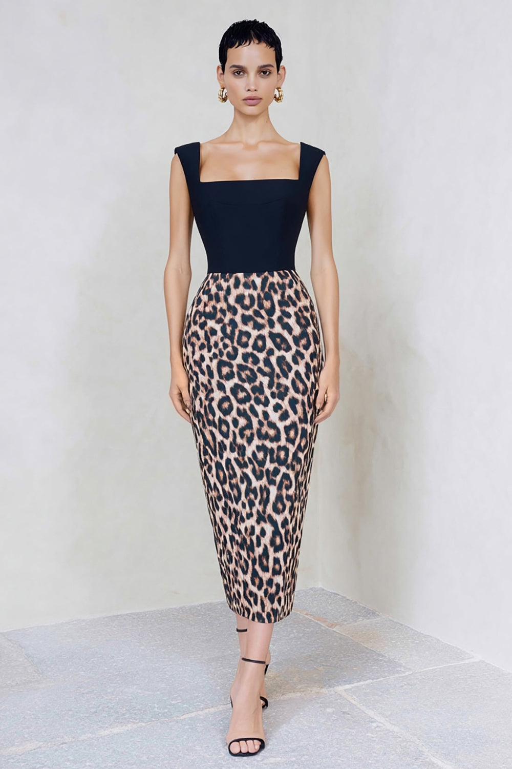 Black and Brown Leopard Square Neck Bodycon Midi Work Dress