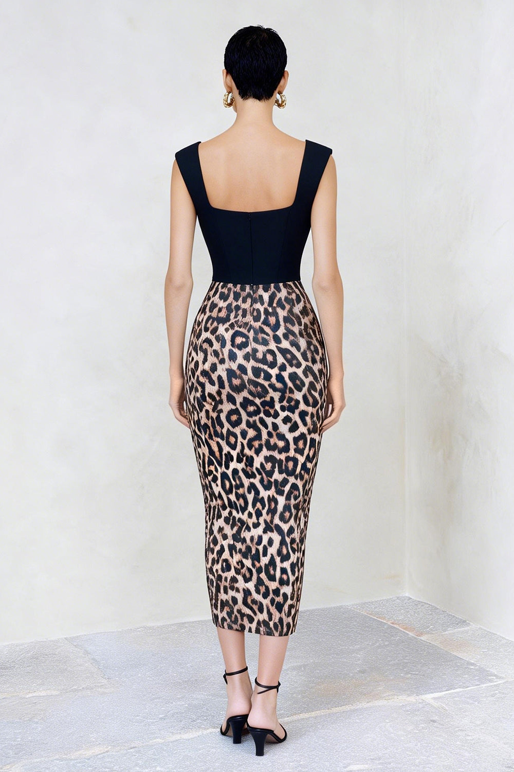 Black and Brown Leopard Square Neck Bodycon Midi Work Dress