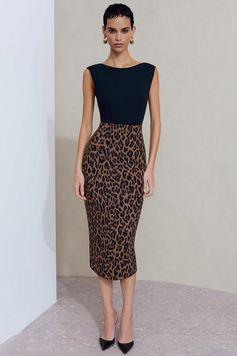 Bodycon Black and Brown Leopard Boat Neck Midi Work Dress with Slit