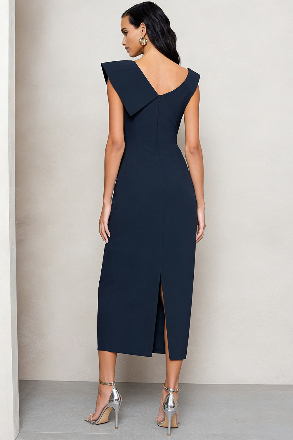Navy Sheath Ruched Satin Midi Work Dress with Slit