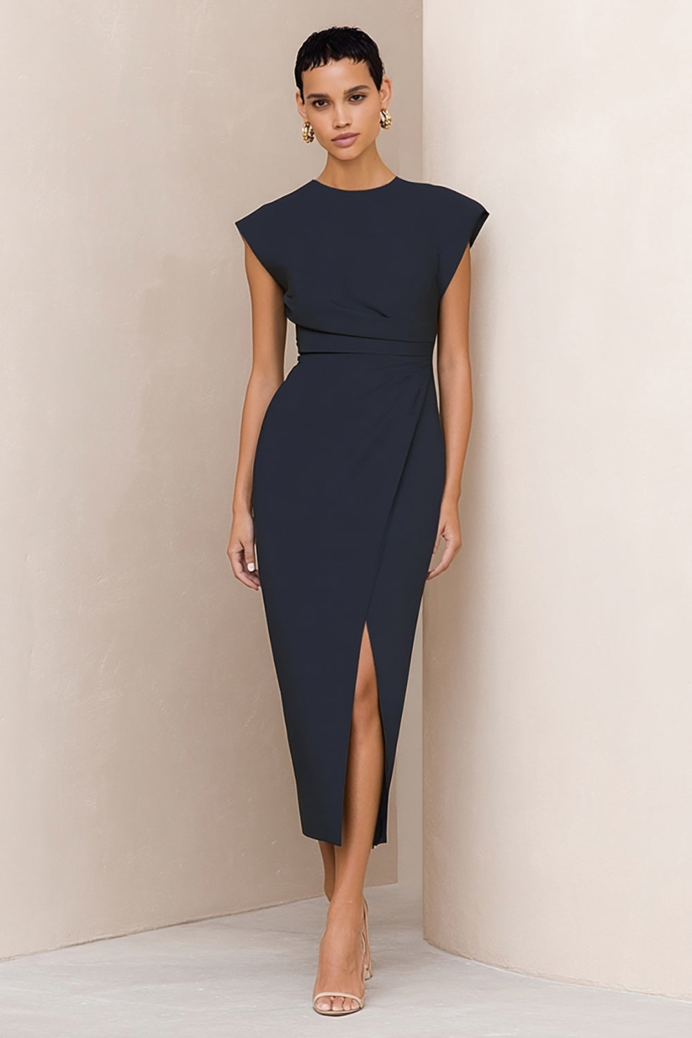 Navy Round Neck Satin Bodycon Midi Work Dress with Slit