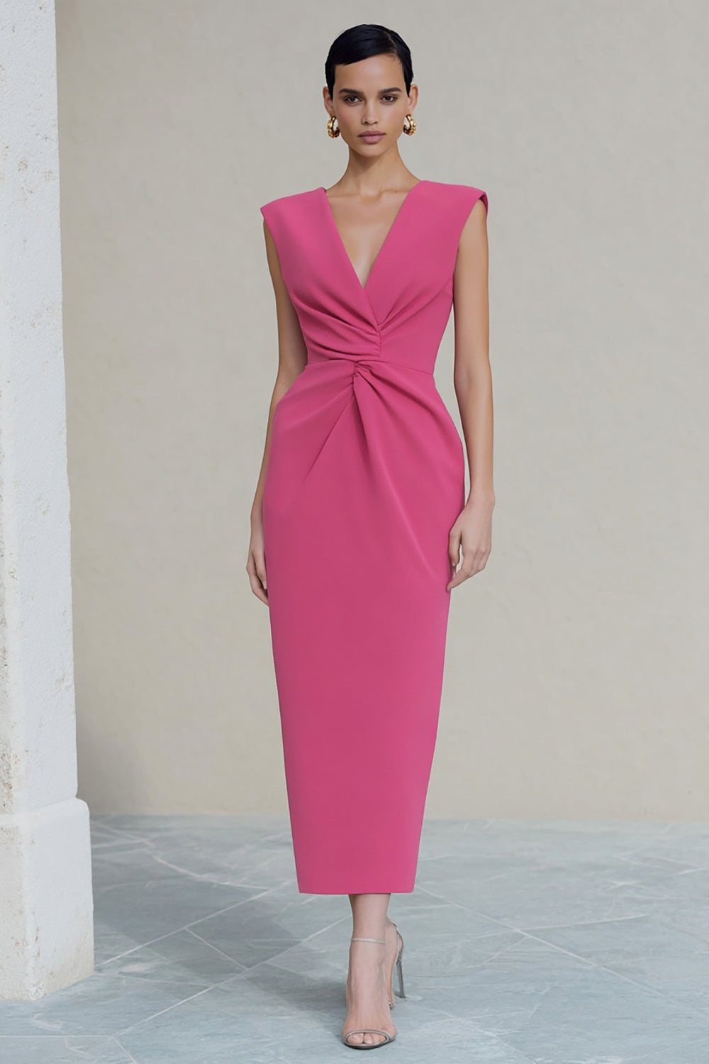 Sheath Ruched V-Neck Hot Pink Midi Work Dress with Slit