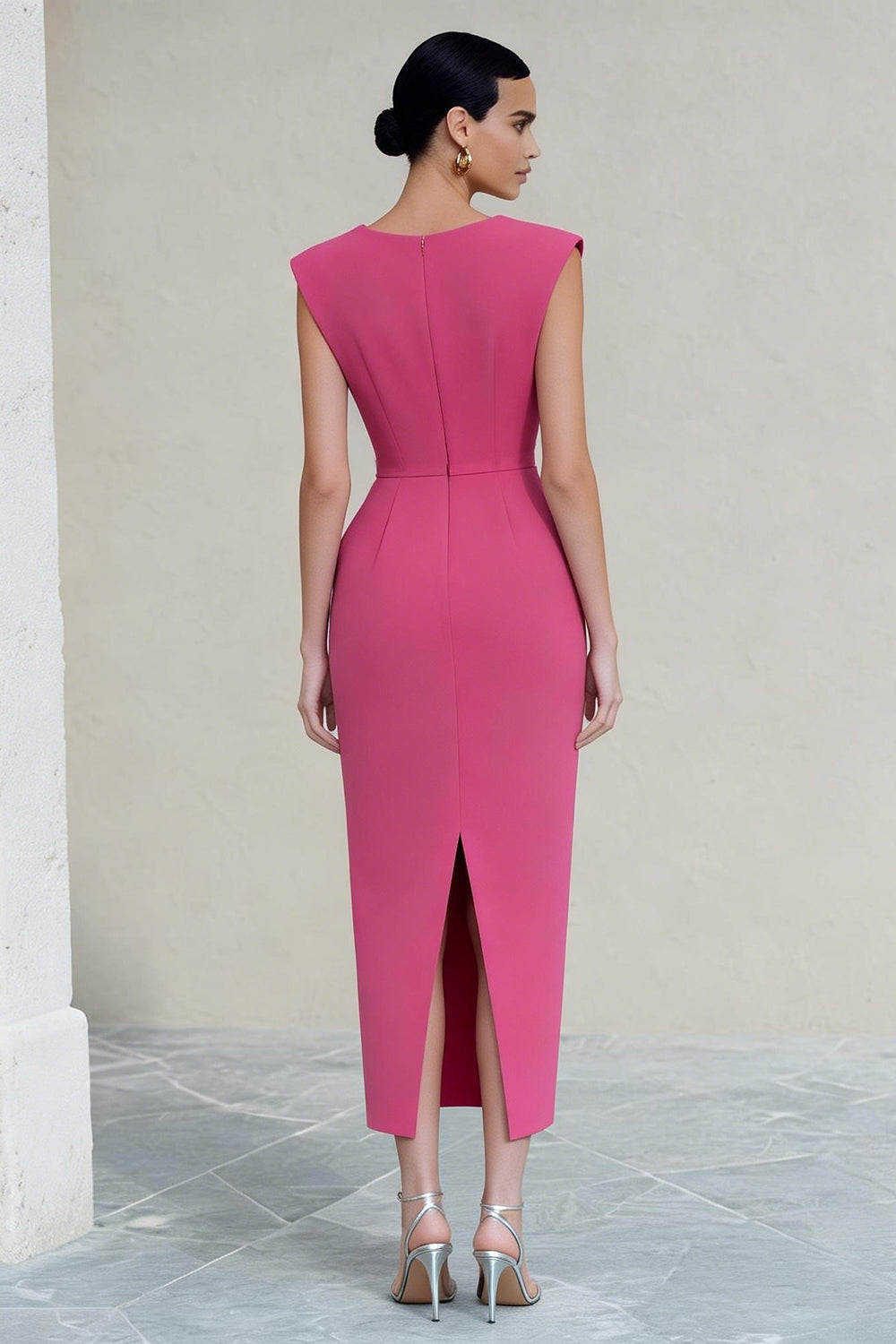 Sheath Ruched V-Neck Hot Pink Midi Work Dress with Slit