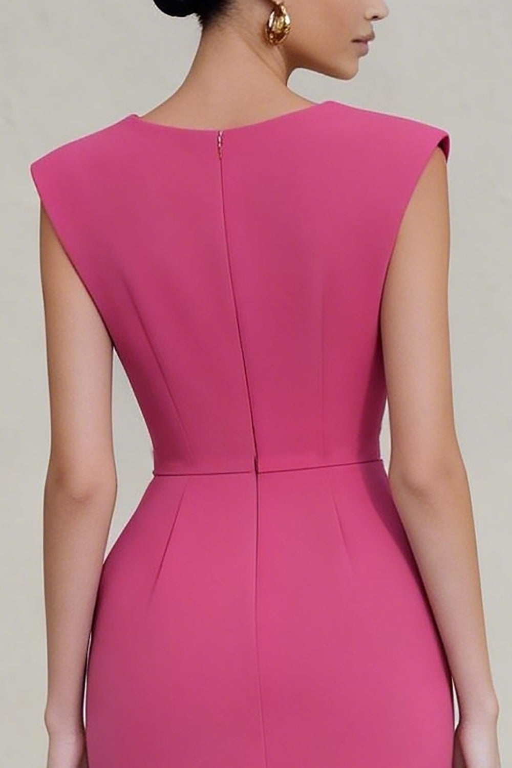 Sheath Ruched V-Neck Hot Pink Midi Work Dress with Slit