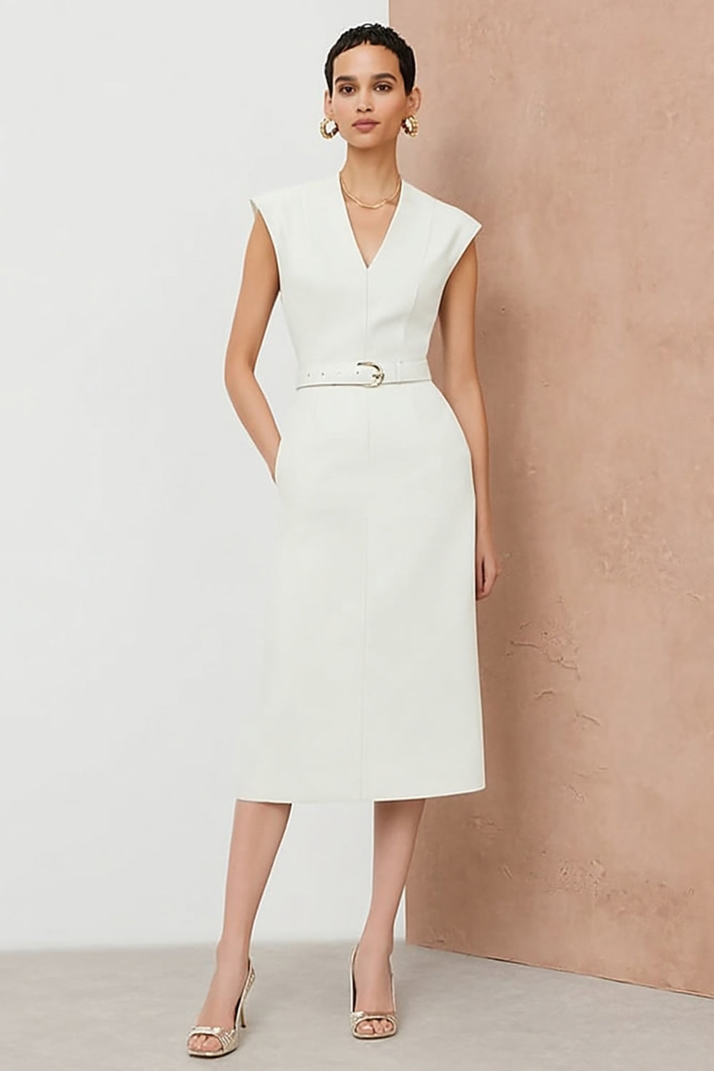 Sheath Ivory V-Neck Midi Work Dress with Belt