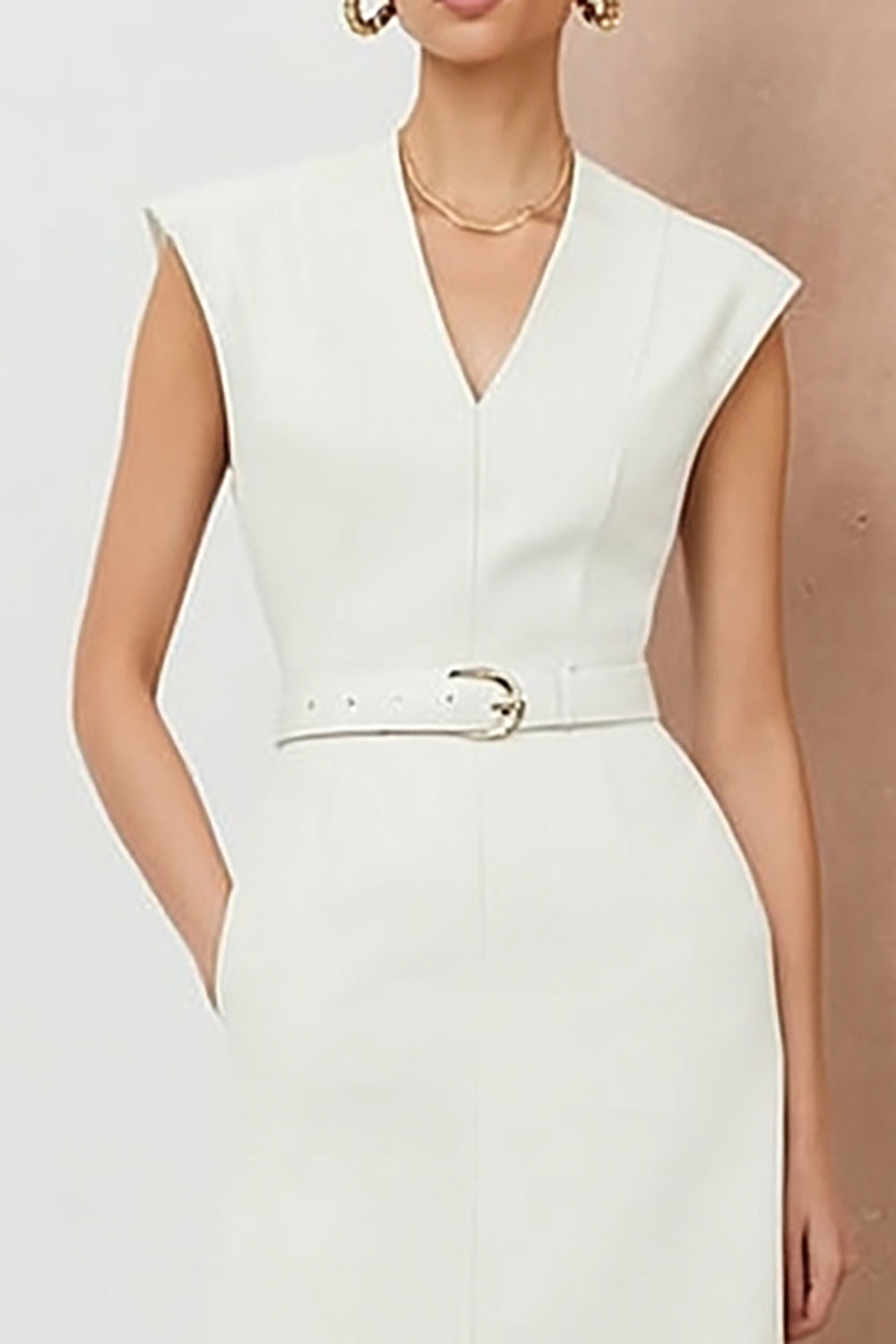 Sheath Ivory V-Neck Midi Work Dress with Belt