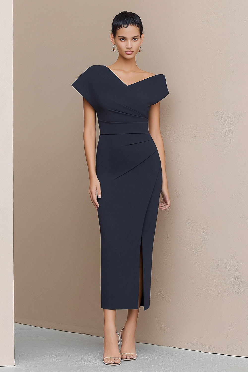 Navy Sheath V-Neck Midi Work Dress with Slit