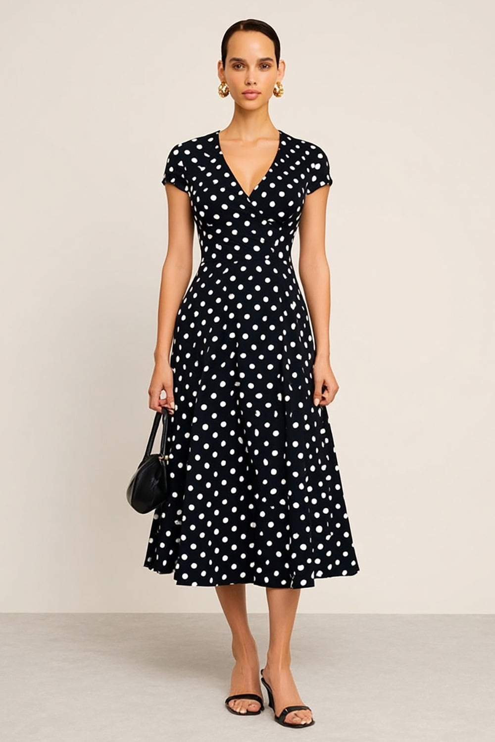 Black White Dot V-Neck A-Line Midi Work Dress with Sleeves