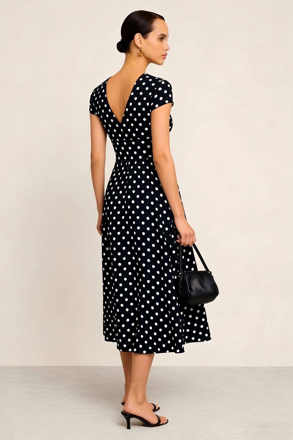 Black White Dot V-Neck A-Line Midi Work Dress with Sleeves