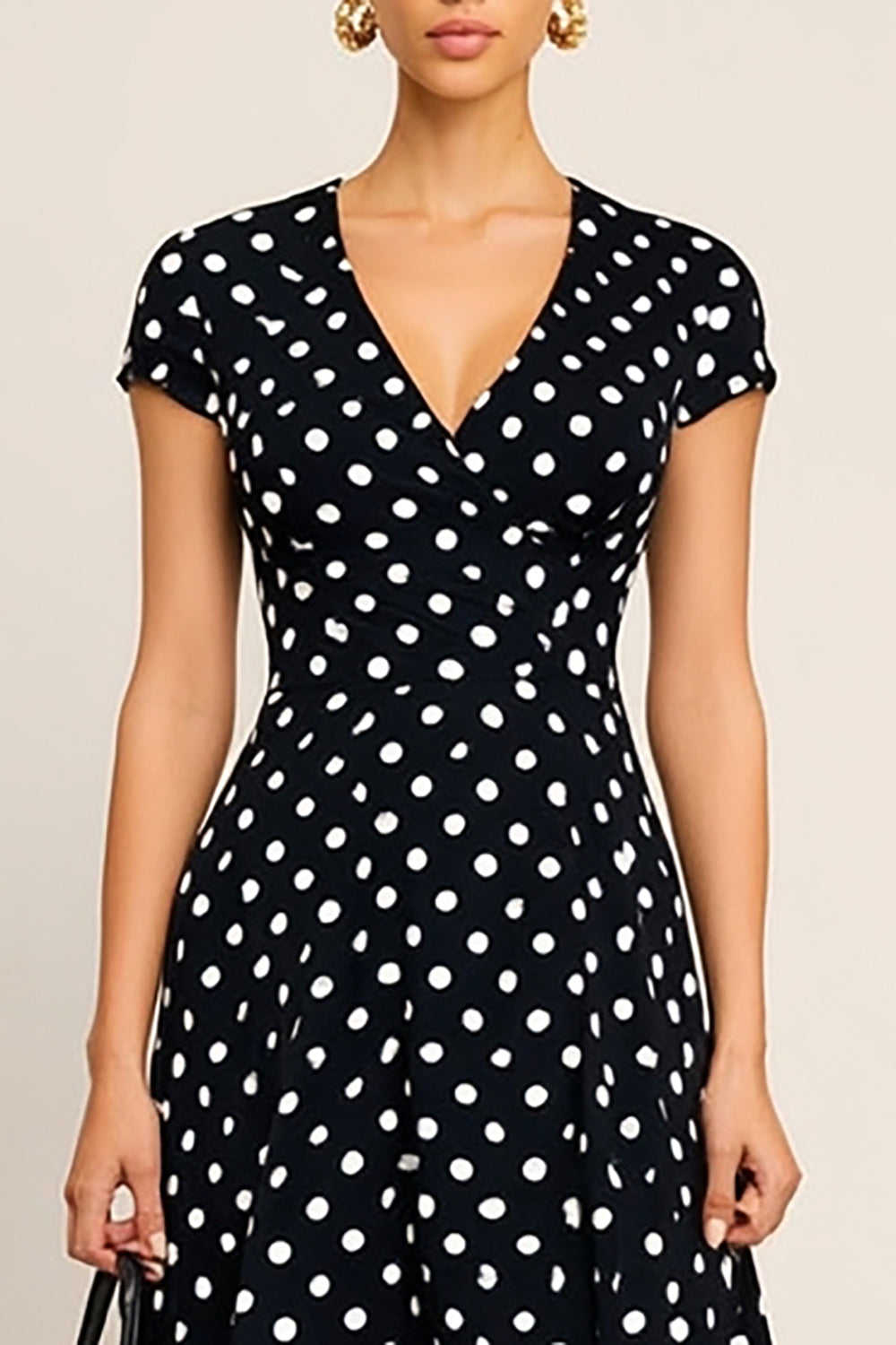 Black White Dot V-Neck A-Line Midi Work Dress with Sleeves