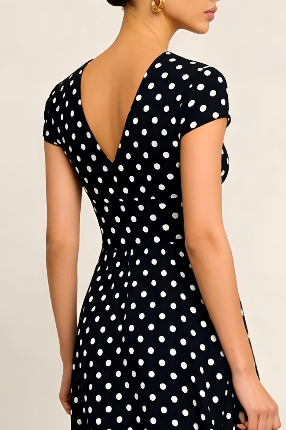 Black White Dot V-Neck A-Line Midi Work Dress with Sleeves
