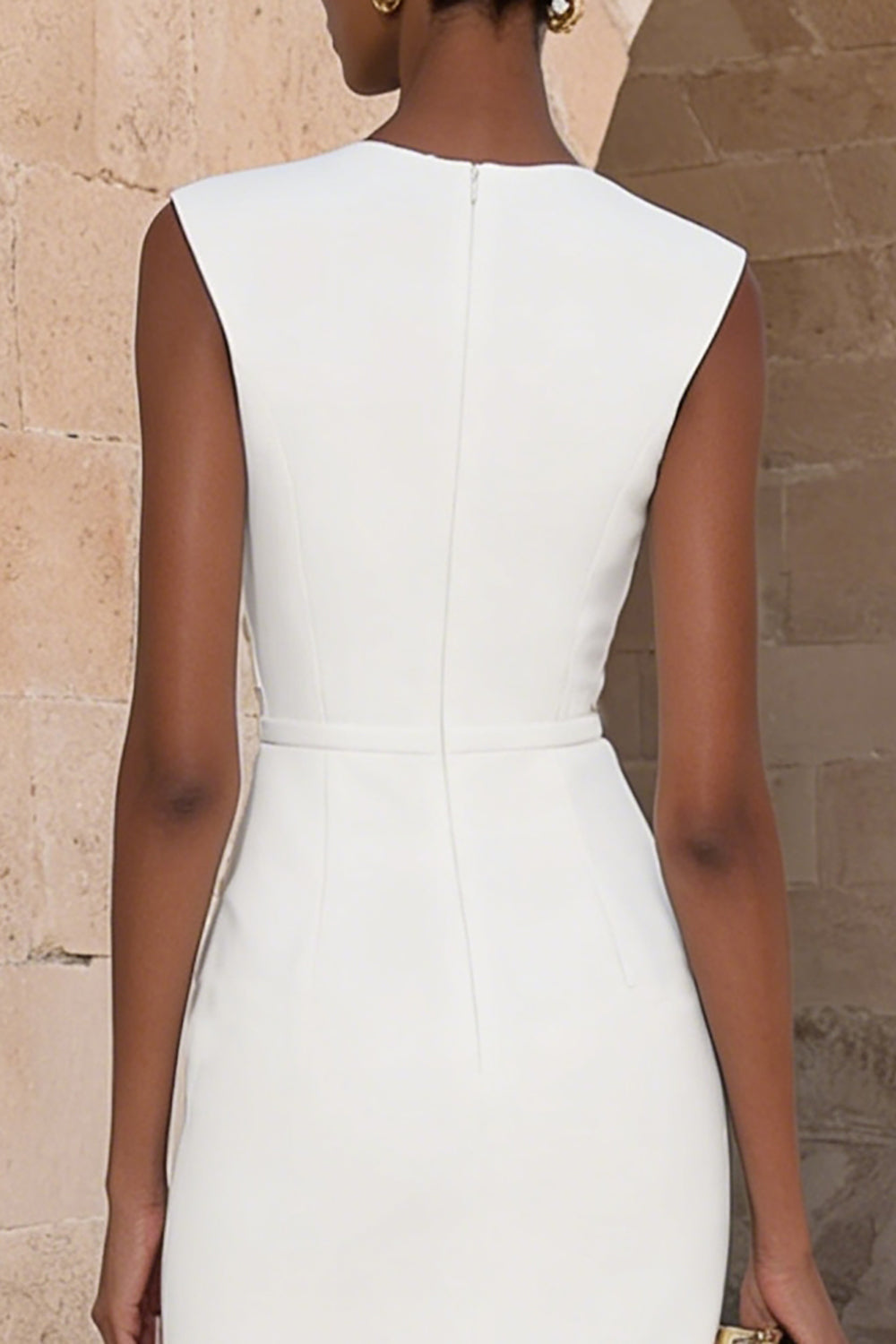 Ivory Satin Round Neck Bodycon Double-Breasted Midi Work Dress